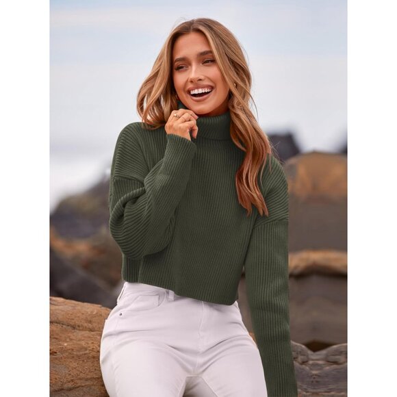 Women's Cropped Turtleneck Sweater Knitted Fall Winter Long Sleeve Chic - Picture 5 of 7